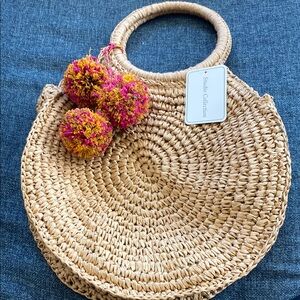 Woven Tote with Pom-Pom Accents-Snap Closure, Never Used.